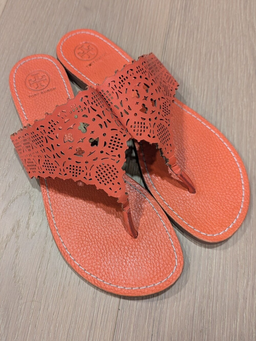Tory Burch Orange Laser-Cut Thong Sandals